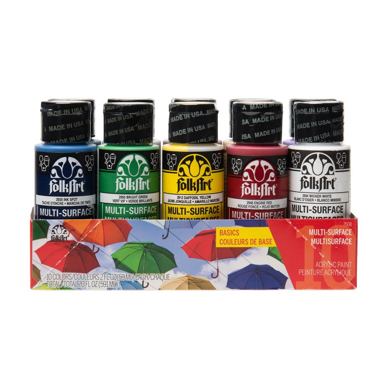 FolkArt Color, 10 Bottle Multi-Surface Acrylic Paint Set, 2oz, Basics - Image 1